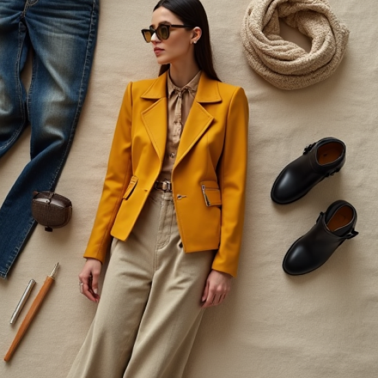 Mustard Yellow Double-Breasted Chiffon Biker Jacket