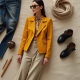 Mustard Yellow Double-Breasted Chiffon Biker Jacket