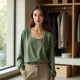Sage Green Square Neck Silk Blouse