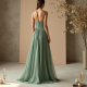 Sage Green Georgette Corset Waist Evening Gown