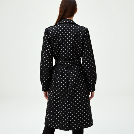 Midnight Black Polka Dot Puff Sleeve Trench Coat