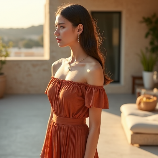 Terracotta Polka Dot Off-Shoulder Pleated Maxi Skirt