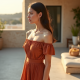 Terracotta Polka Dot Off-Shoulder Pleated Maxi Skirt