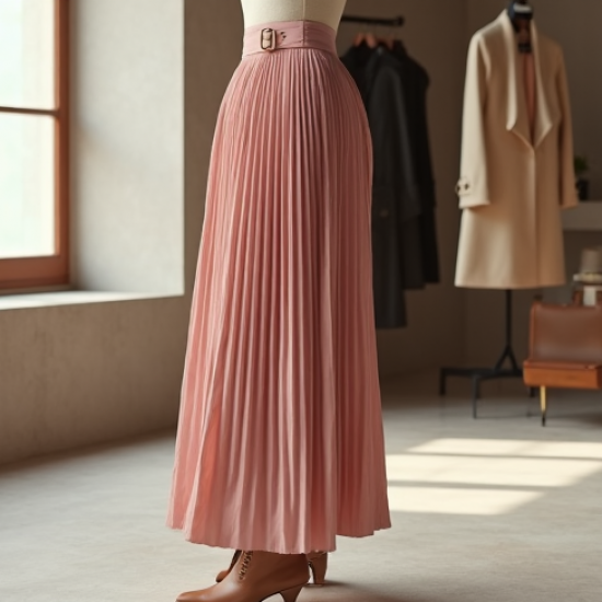 Pastel Pink Cashmere Blend Belted Pleated Maxi Skirt