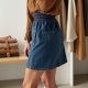 Boho Smocked Wool Blend Denim Mini Skirt