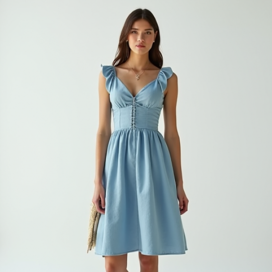 Sky Blue Linen Blend Corset Waist Tea Dress