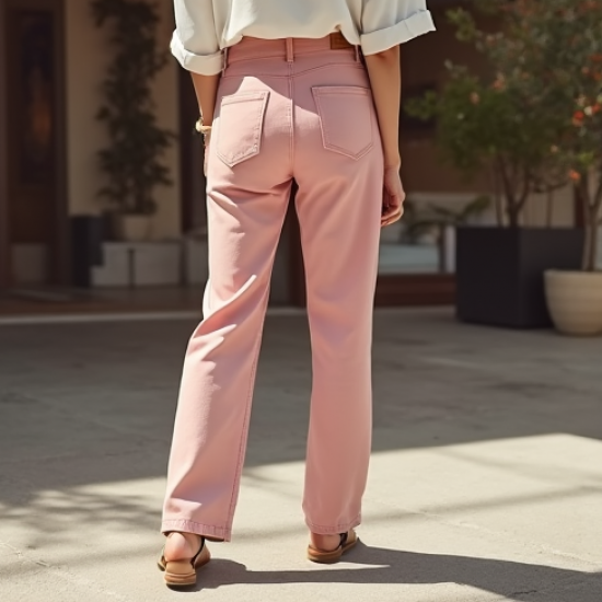 Pastel Pink Cotton Poplin Cut-Out Straight Jeans