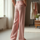 Pastel Pink Square Neck Satin High-Waisted Trousers