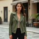 Sage Green Tweed Off-Shoulder Biker Jacket