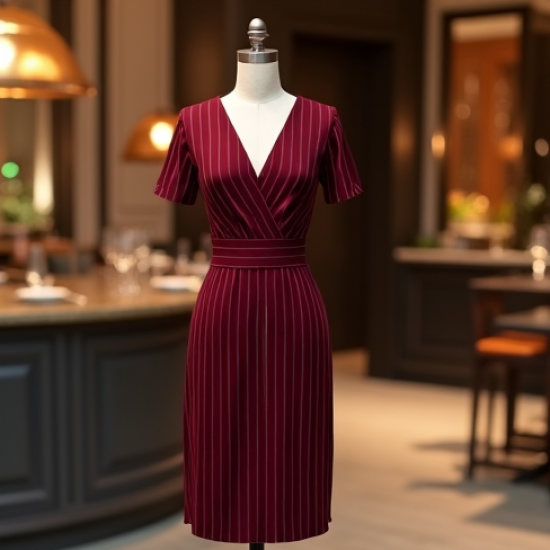 Burgundy Striped V-Neck Cocktail Dress