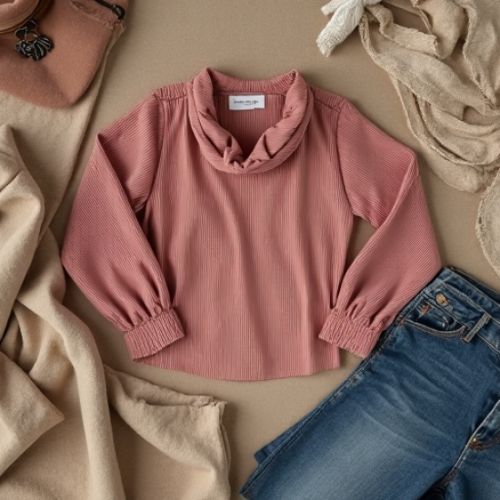 Dusty Rose Corduroy Cowl Neck Off-Shoulder Top