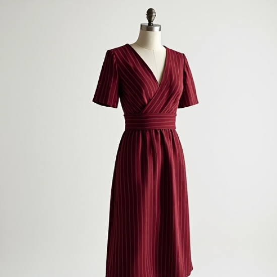 Burgundy Striped V-Neck Cocktail Dress