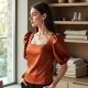 Terracotta Satin Square Neck Puff Sleeve Top