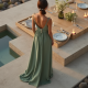 Sage Green Linen Blend V-Neck Evening Gown