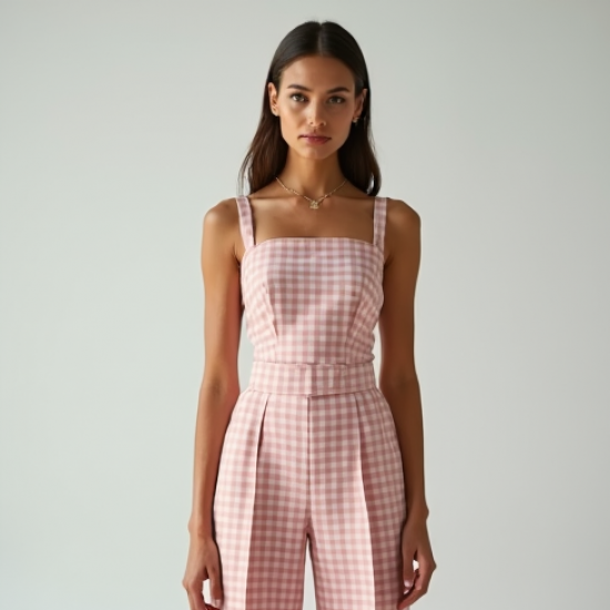 Pastel Pink Gingham Square Neck Wide-Leg Pants