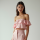 Pastel Pink Houndstooth Off-Shoulder High-Waisted Trousers