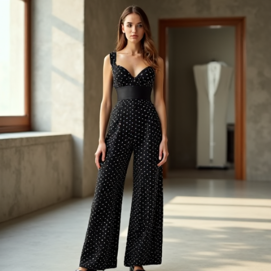 Modern Urban Polka Dot Corset Waist Wide-Leg Pants