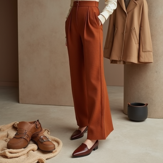 Terracotta Tweed V-Neck Wide-Leg Pants
