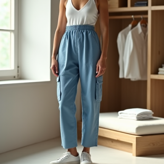 Sky Blue Linen Blend Corset Waist Cargo Pants