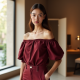 Burgundy Off-Shoulder Denim Puff Sleeve Top