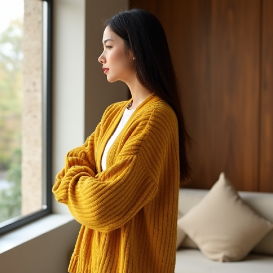 Mustard Yellow Ribbed Knit Belted Chunky Cardigan