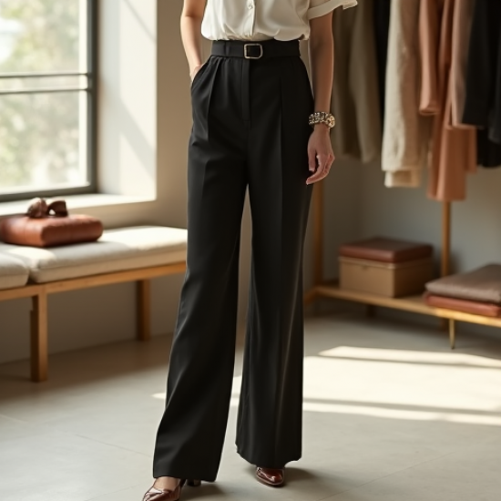Vintage Square Neck Silk High-Waisted Trousers