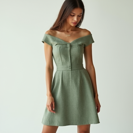 Sage Green Tweed Off-Shoulder Sundress