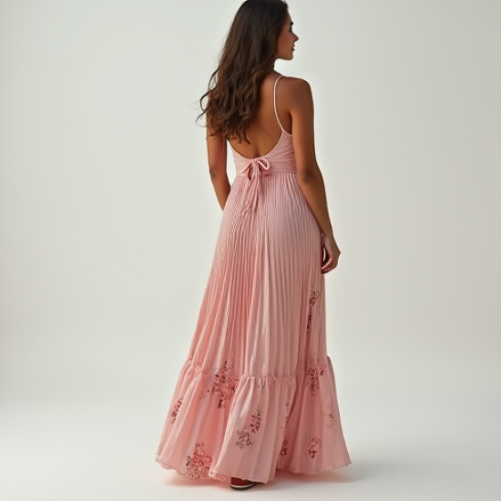 Pastel Pink Floral Print Backless Pleated Maxi Skirt