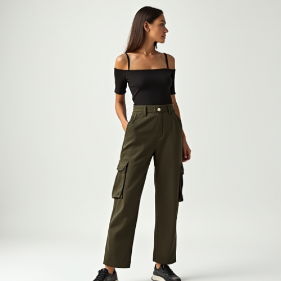 Minimalist Solid Color Off-Shoulder Cargo Pants