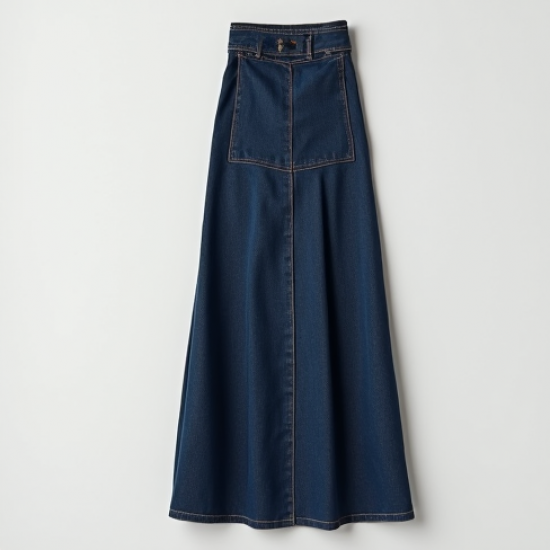 Navy Blue Denim Wrap Front Pleated Maxi Skirt