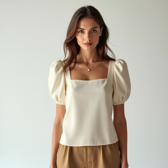 French Style Square Neck Silk Puff Sleeve Top