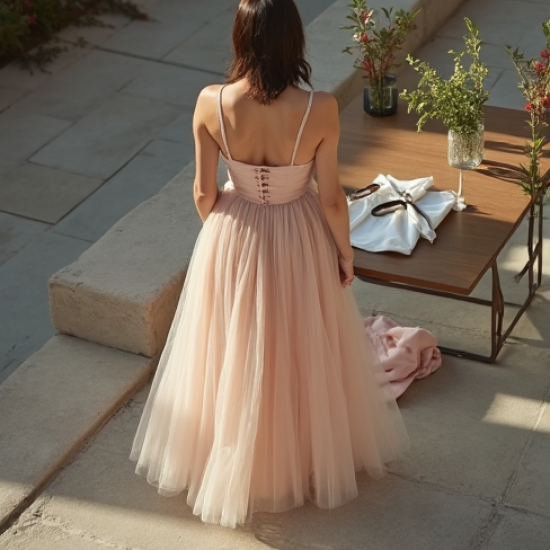 French Style Double-Breasted Tulle Pleated Maxi Skirt