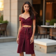 Burgundy Off-Shoulder Denim Wrap Front Skirt