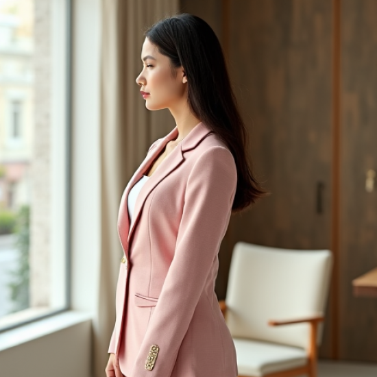 Pastel Pink Gingham Square Neck Tailored Blazer