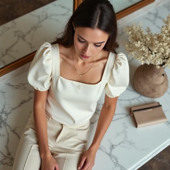 French Style Square Neck Silk Puff Sleeve Top