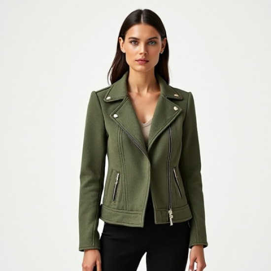 Sage Green Tweed Off-Shoulder Biker Jacket