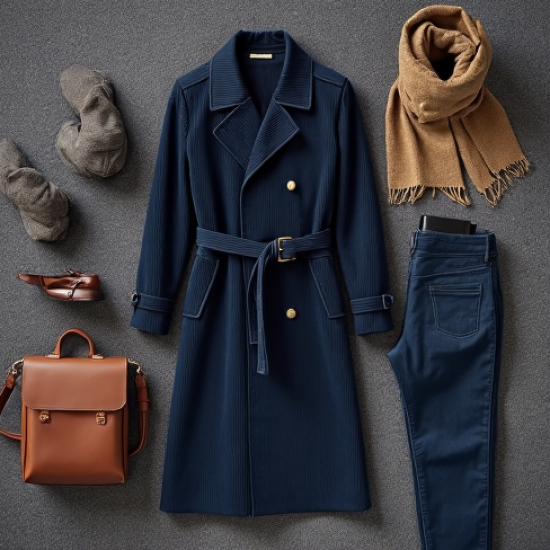 Navy Blue Corduroy Double-Breasted Trench Coat