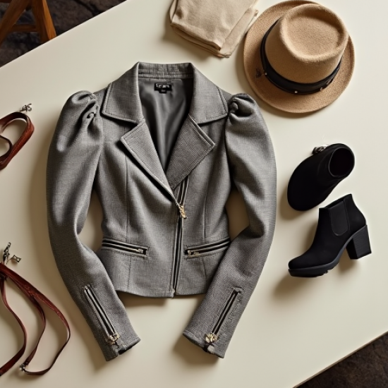 French Style Gingham Puff Sleeve Biker Jacket