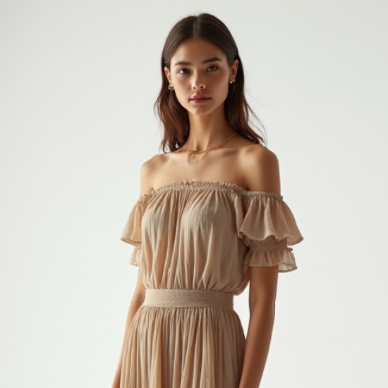 Oatmeal Chiffon Off-Shoulder Pleated Maxi Skirt