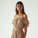 Oatmeal Chiffon Off-Shoulder Pleated Maxi Skirt