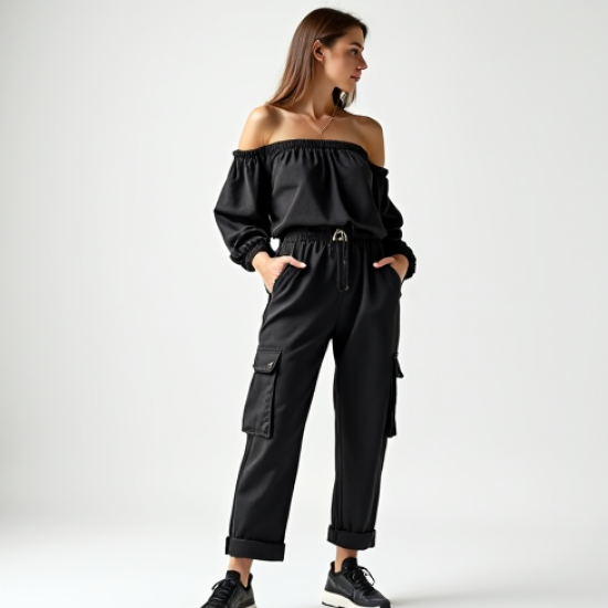 Midnight Black Abstract Print Off-Shoulder Cargo Pants