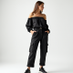 Midnight Black Abstract Print Off-Shoulder Cargo Pants