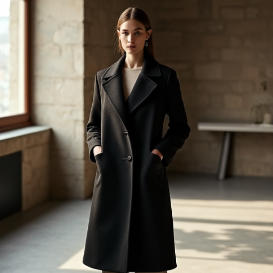 Midnight Black Jacquard V-Neck Wool Longline Coat