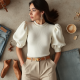 Ivory White Ribbed Knit Puff Sleeve Top