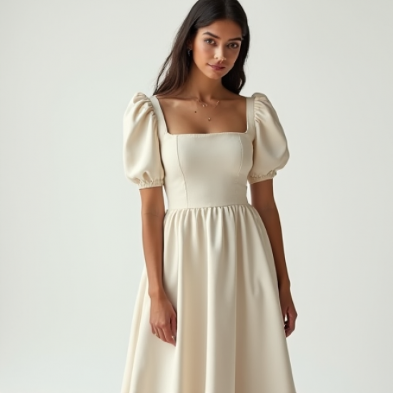 French Style Puff Sleeve Square Neck Dress