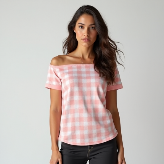Pastel Pink Houndstooth Off-Shoulder Graphic Tee