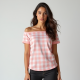 Pastel Pink Houndstooth Off-Shoulder Graphic Tee