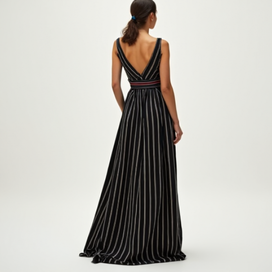 Retro Striped Belted Evening Gown