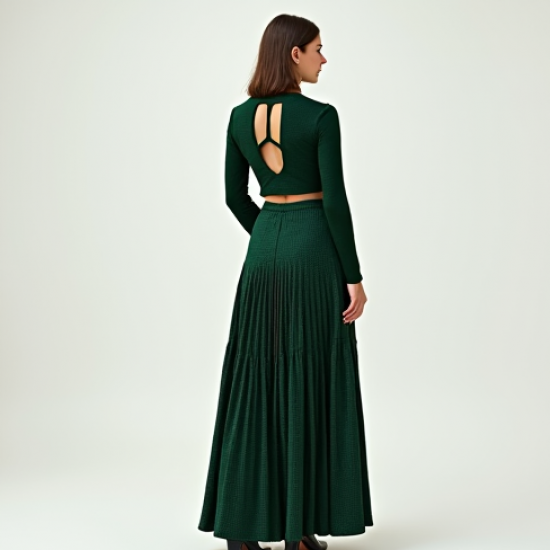 Emerald Green Houndstooth Cut-Out Pleated Maxi Skirt