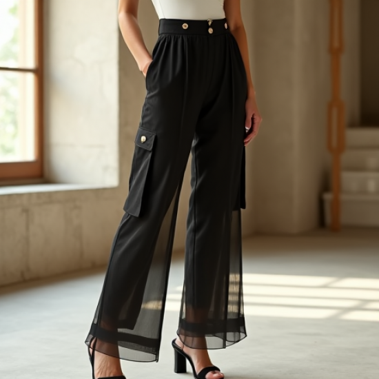 French Style Double-Breasted Tulle Cargo Pants